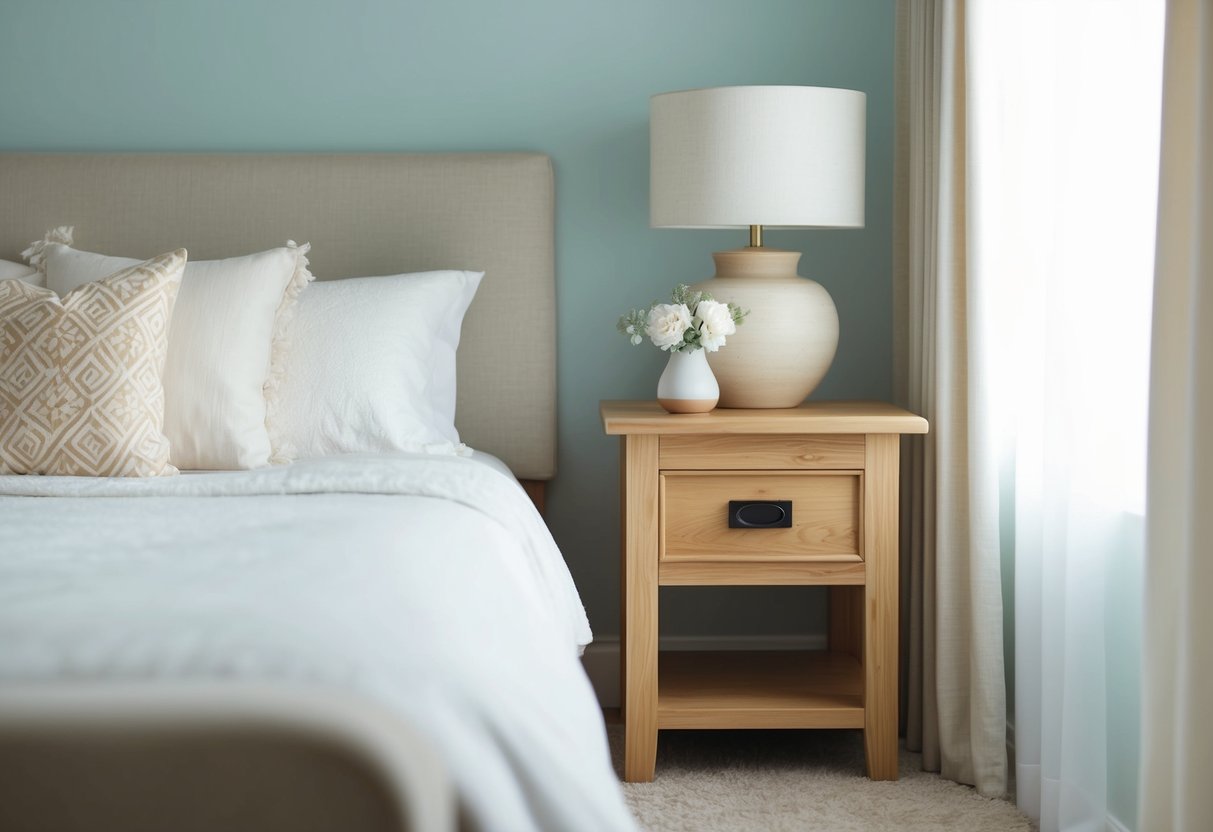 A natural wood nightstand sits beside a cozy bed in a serene bedroom. Soft lighting and calming decor create a relaxing atmosphere