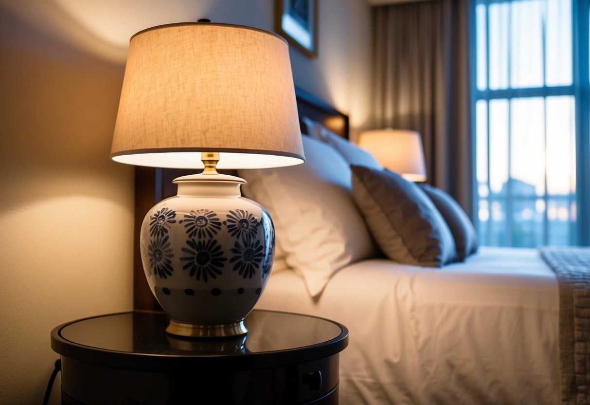 A ceramic bedside lamp illuminates a cozy bedroom with soft lighting, casting a warm and relaxing ambiance