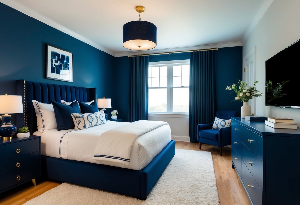 A cozy navy blue bedroom with a plush bed, matching curtains, and accent pillows. A sleek dresser and a soft rug complete the stylish decor