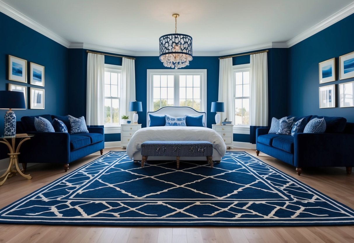 A navy blue and white rug sits in the center of a serene bedroom, surrounded by navy blue decor and furnishings