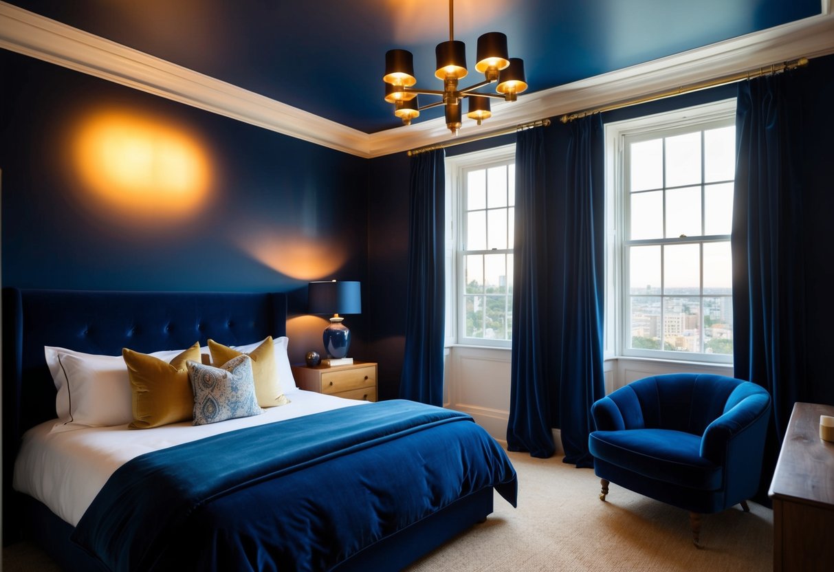 A navy blue bedroom with brass light fixtures casting warm, golden light onto the walls and ceiling. Rich blue curtains frame the window, and a plush velvet armchair sits in the corner