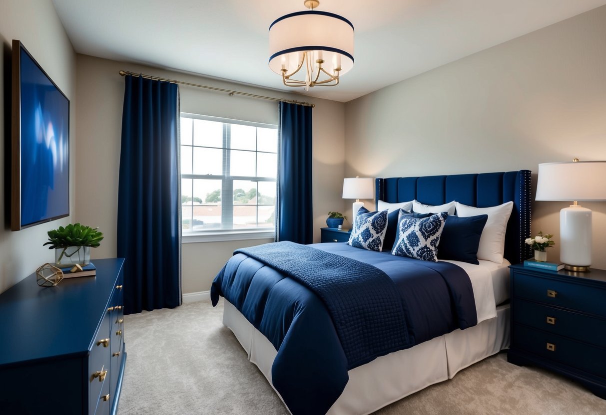 A bedroom with neutral walls and navy blue accents. The room features navy blue bedding, curtains, and decorative pillows