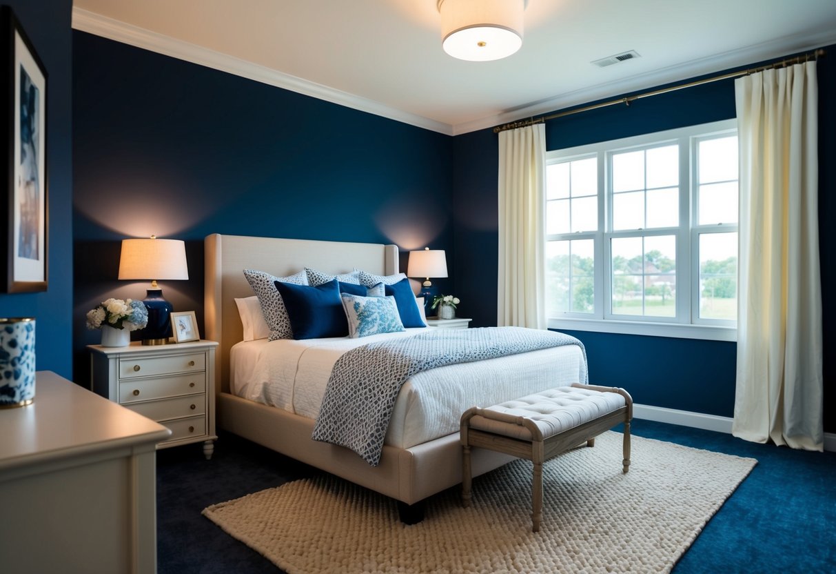 A cozy bedroom with navy blue walls, beige furniture, and accents. A large window lets in natural light, illuminating the room