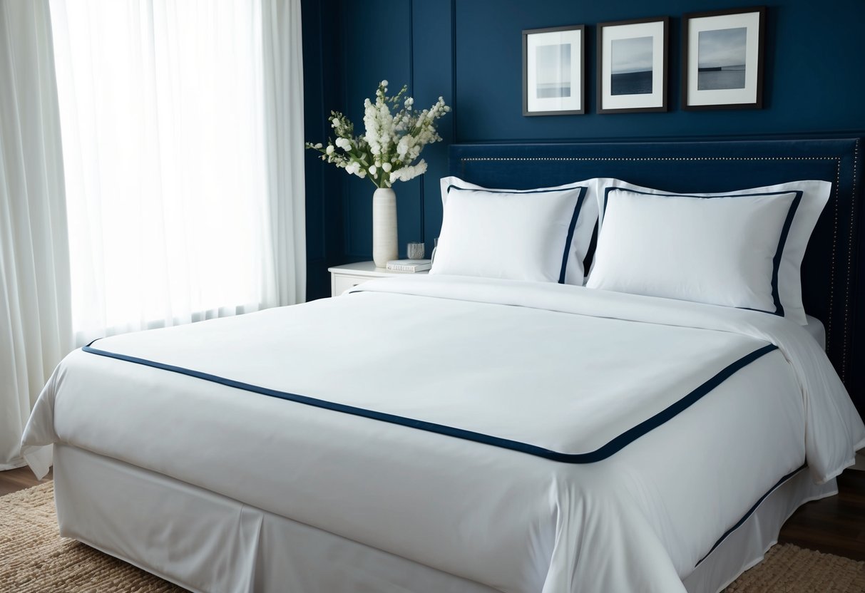 A bed with crisp white sheets and a navy border against a navy blue bedroom backdrop