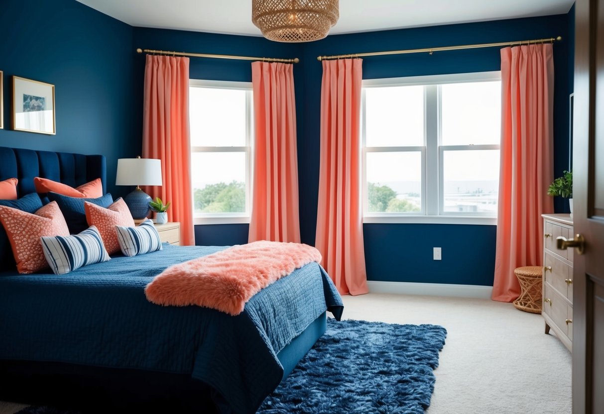 A cozy navy blue bedroom with coral accents. A plush rug, throw pillows, and curtains add pops of coral to the room's navy blue palette