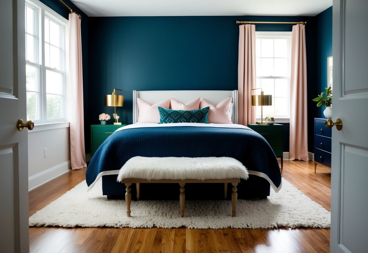 A cozy navy blue bedroom with a white bedspread, gold bedside lamps, and accents of blush pink and emerald green. A large window lets in natural light, and a plush rug adds warmth to the hardwood floor