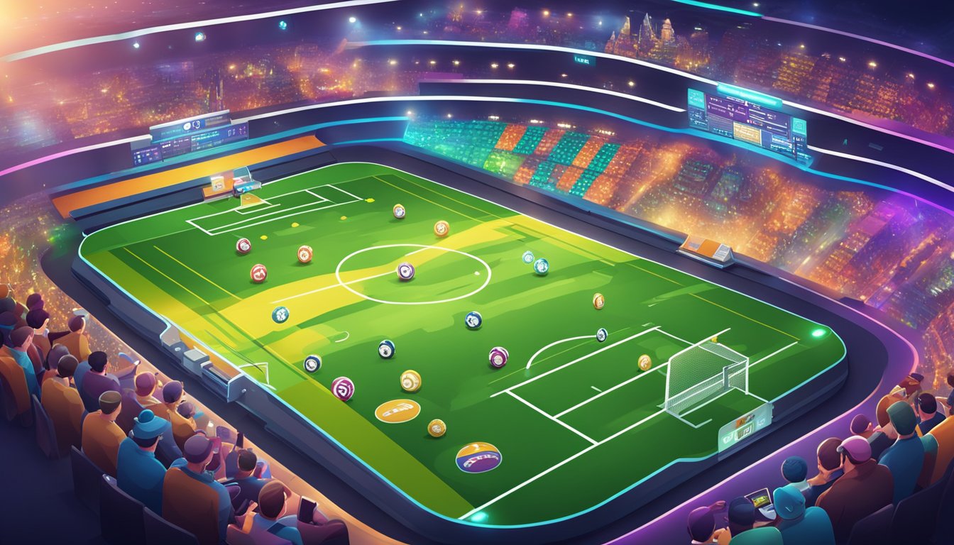 A vibrant online sports betting platform with various games and activities, surrounded by colorful graphics and dynamic animations