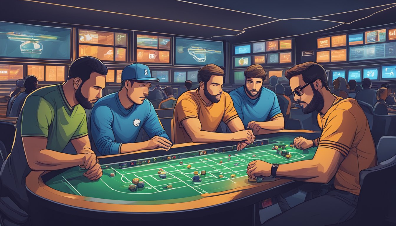 A team of athletes analyzing game strategies in a sportsbook setting