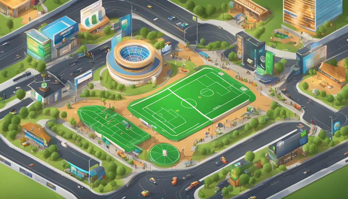 A bustling online entertainment city with sports betting, featuring various betting strategies and game rules