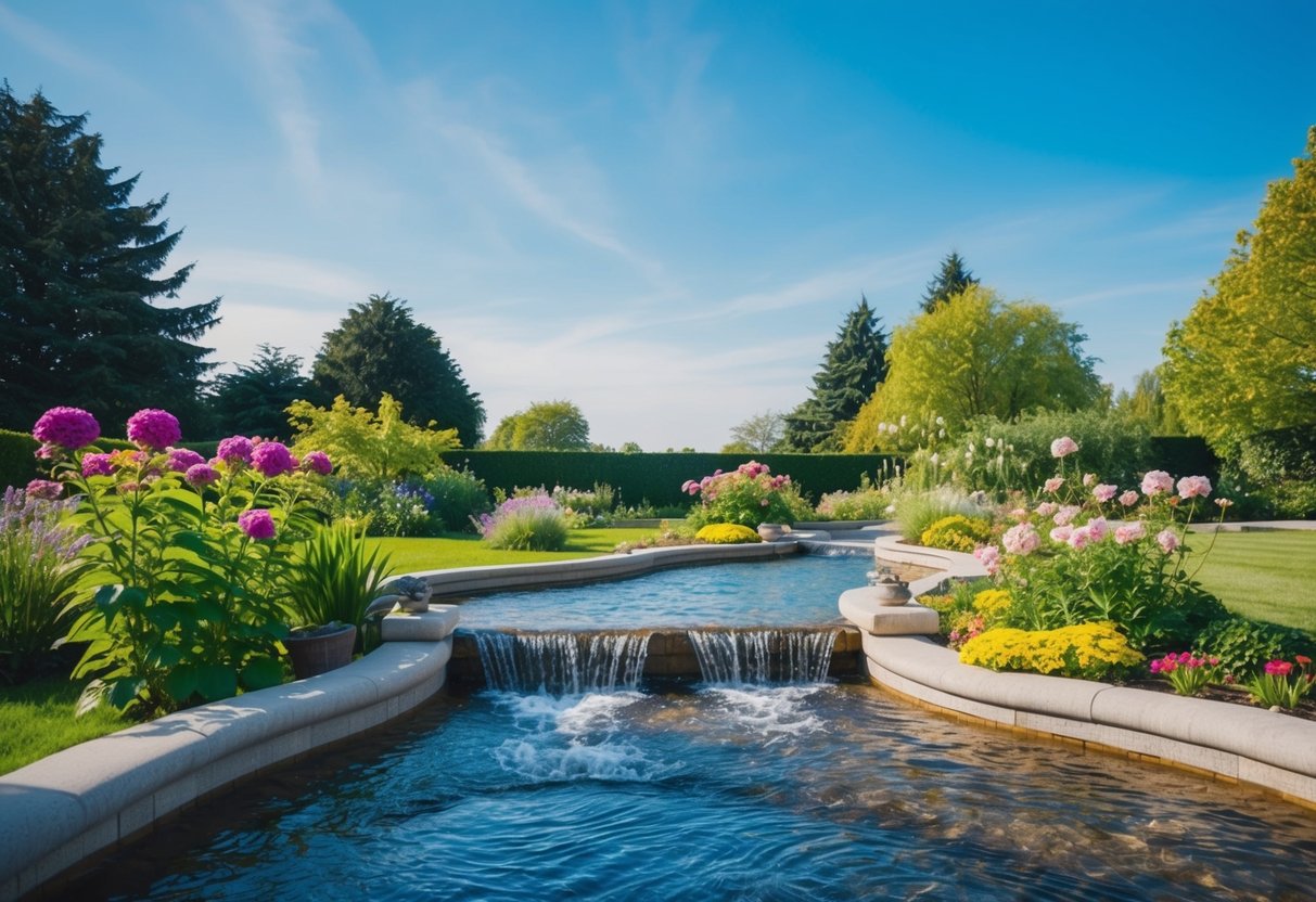 Eine ruhige Umgebung mit Elementen der Natur, wie ein friedlicher Garten mit blühenden Blumen, fließendem Wasser und einem klaren blauen Himmel