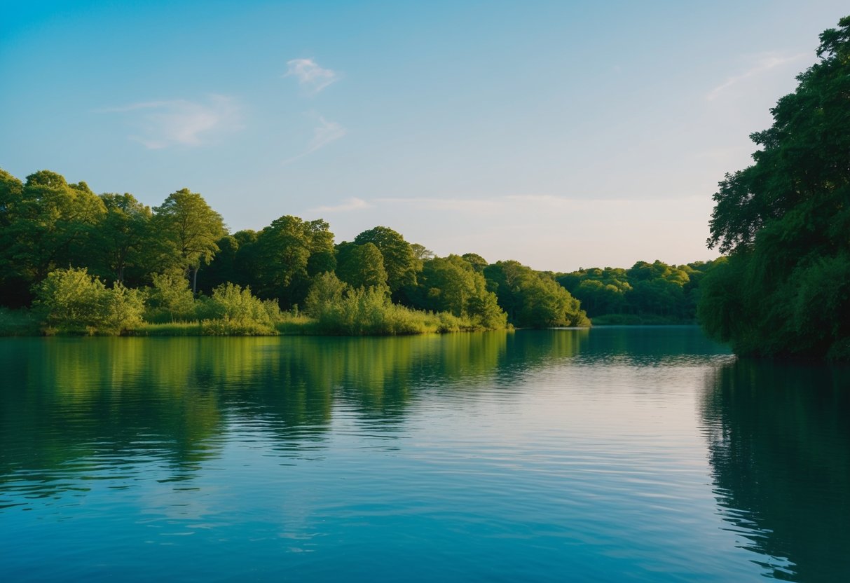 Eine ruhige Naturlandschaft mit einem klaren blauen Himmel, üppigem Grün und einem ruhigen Gewässer, die ein Gefühl von Frieden und emotionalem Wohlbefinden hervorruft