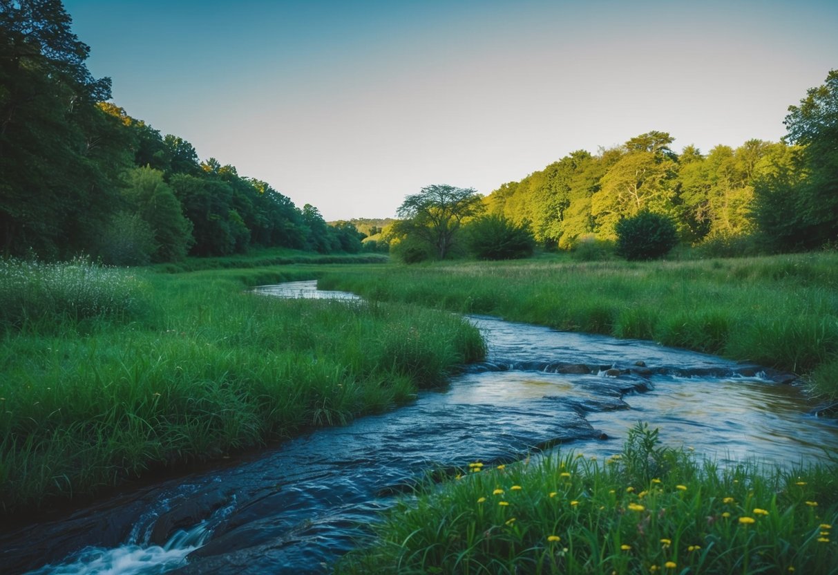 Eine ruhige Naturlandschaft mit einem klaren blauen Himmel, üppigem Grün und einem fließenden Bach, die körperliche Gesundheit und ganzheitliches Wohlbefinden hervorruft