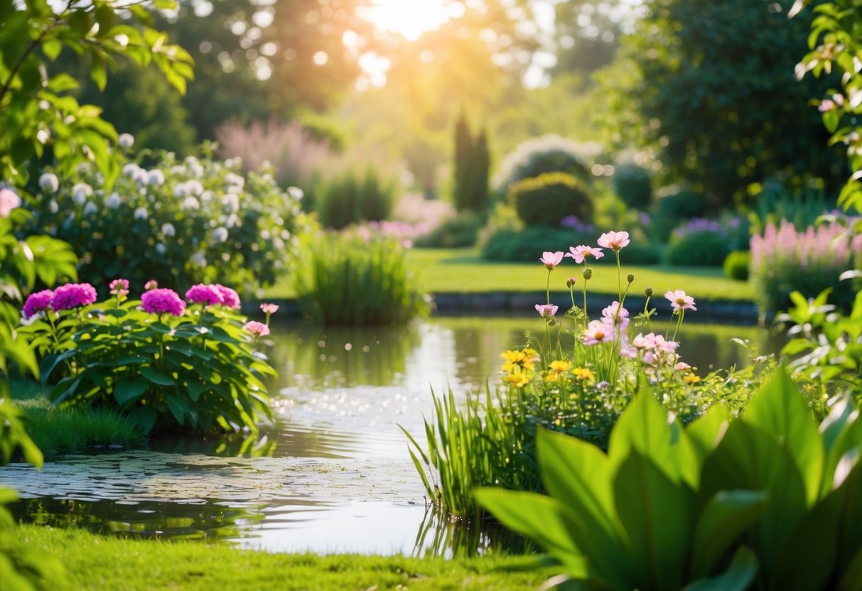 Ein ruhiger Garten mit blühenden Blumen, einem ruhigen Teich und einer sanften Brise, umgeben von üppigem Grün und in sanftes, warmes Sonnenlicht getaucht