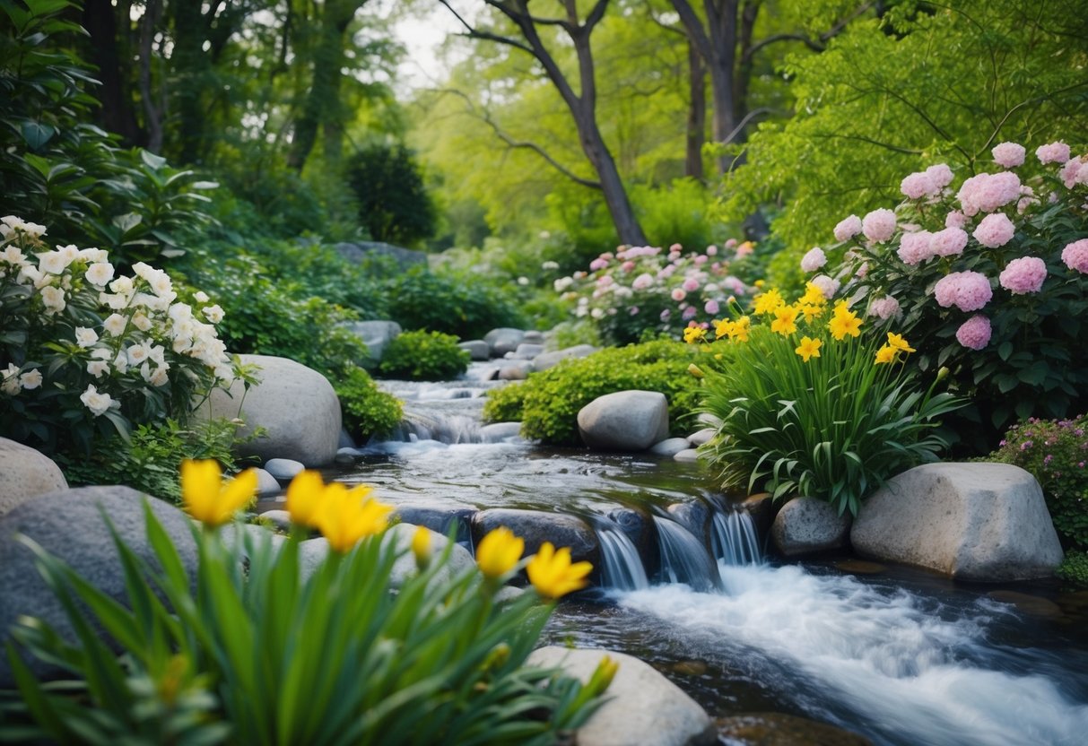 Eine ruhige und ruhige natürliche Umgebung mit blühenden Blumen, üppigem Grün und einem friedlich fließenden Bach, die Selbstfürsorge und persönliches Wachstum hervorruft