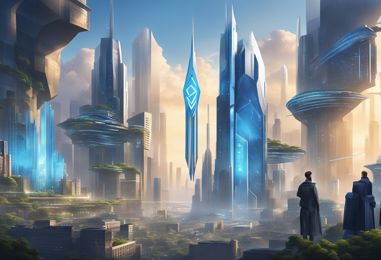 A futuristic cityscape with CyberArk and Azure logos towering over the skyline, showcasing the clash of the two technologies