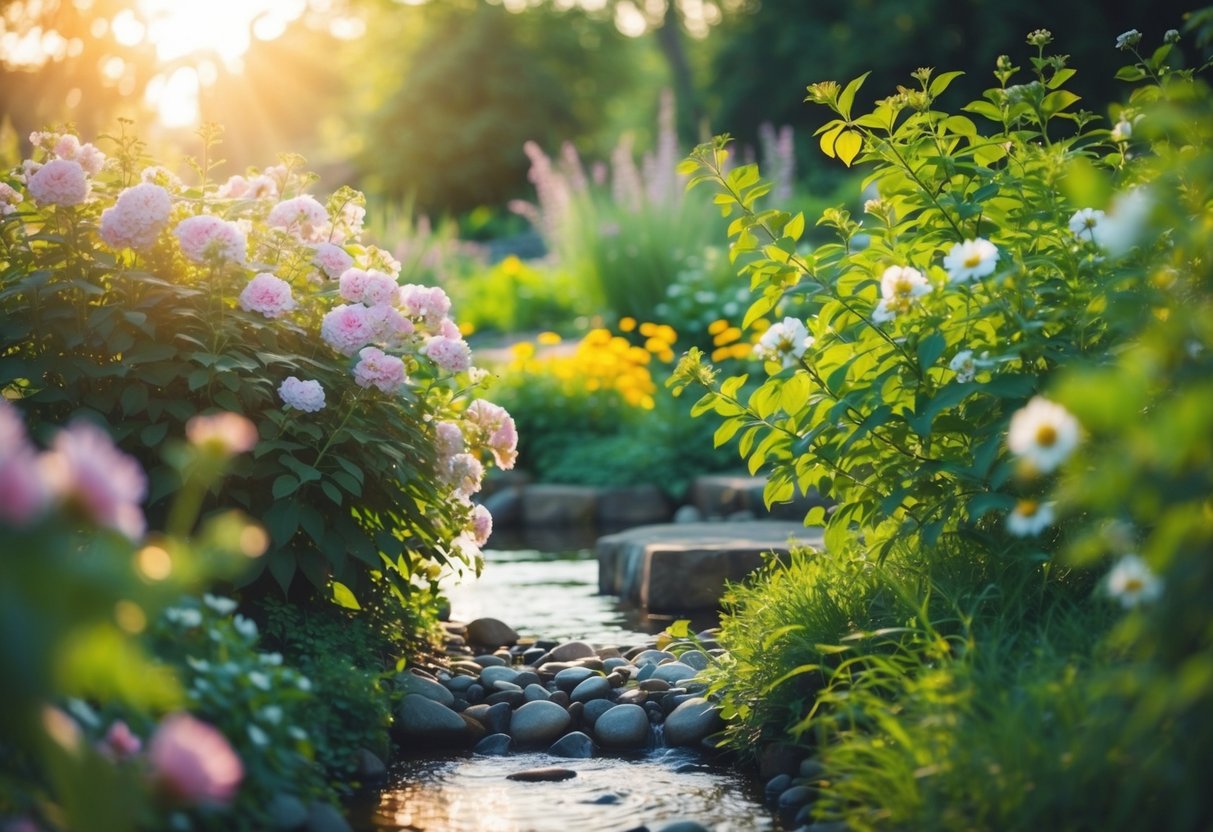 Ein ruhiger Garten mit blühenden Blumen und einem sanften Bach, der von üppigem Grün umgeben und in sanftes, goldenes Sonnenlicht getaucht ist