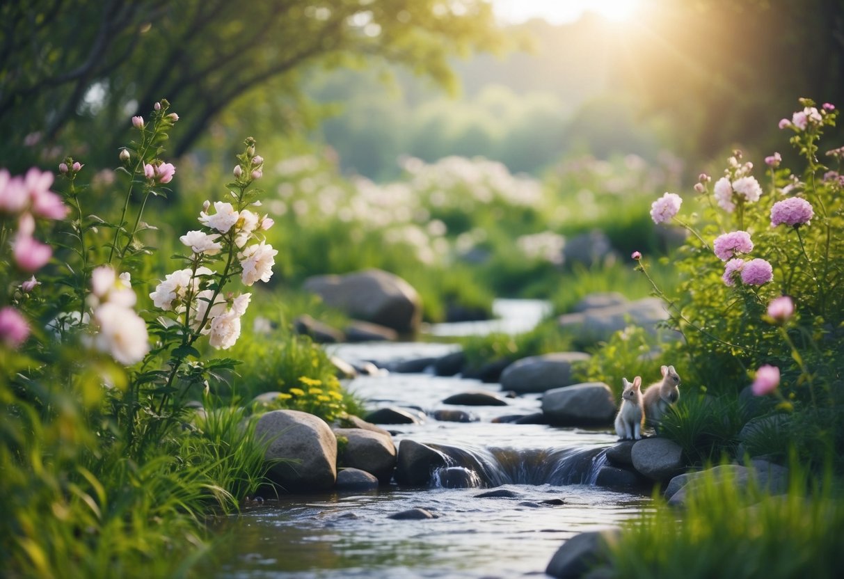 Eine ruhige Naturlandschaft mit blühenden Blumen, fließendem Wasser und sanfter Tierwelt, die ein Gefühl von Ruhe und Harmonie hervorruft