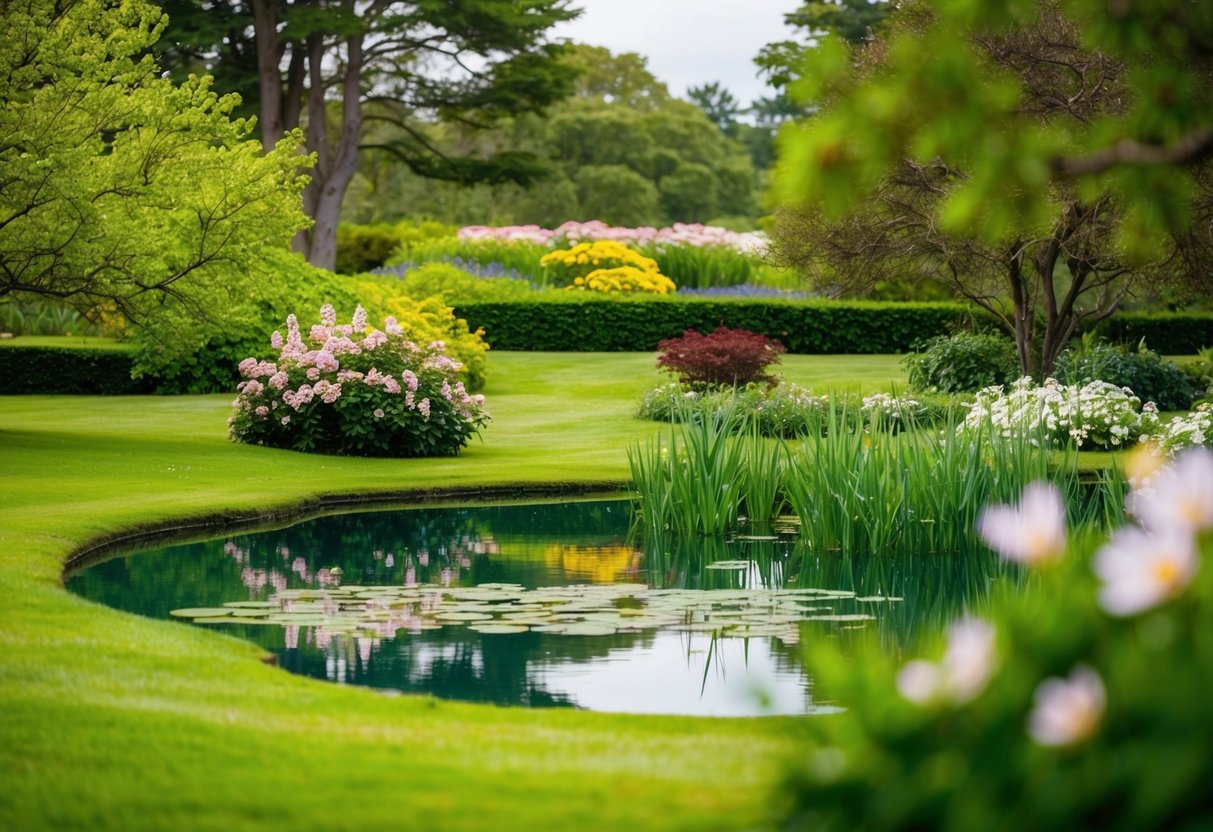 Eine ruhige Landschaft mit einem ruhigen Teich, umgeben von üppigem Grün und blühenden Blumen, die ein Gefühl von Frieden und Zeitlosigkeit hervorruft