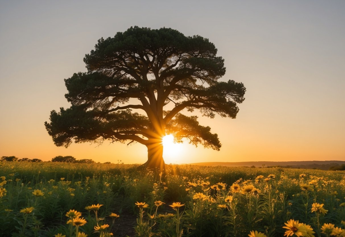 Eine ruhige Landschaft mit einem weisen alten Baum, der inmitten eines Feldes voller leuchtender Blumen emporragt und sich im goldenen Schein der untergehenden Sonne sonnt