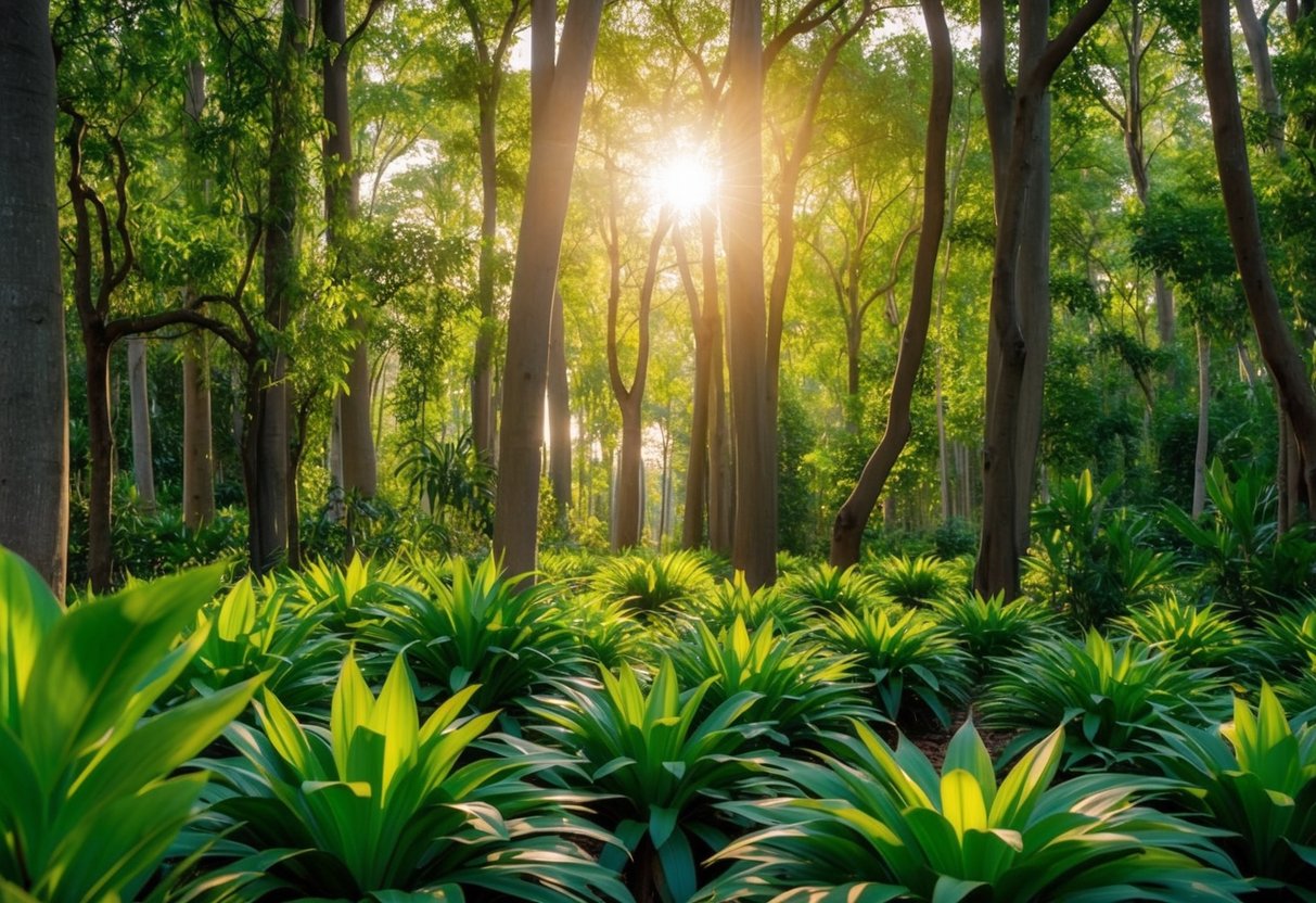 Ein ruhiger Wald mit lebendigen, blühenden Pflanzen und Bäumen, die sich im sanften Schein der Sonne sonnen und ein Gefühl von Zeitlosigkeit und Vitalität hervorrufen