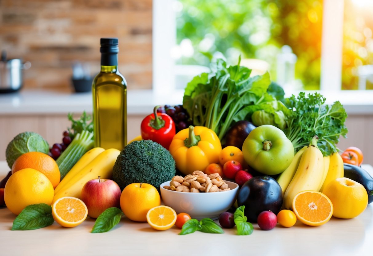 Eine bunte Auswahl an frischem Obst und Gemüse auf einem Tisch, dazu eine Flasche Olivenöl und eine Schüssel mit Nüssen, die Ernährungsstrategien zur Verlangsamung des Alterns symbolisieren