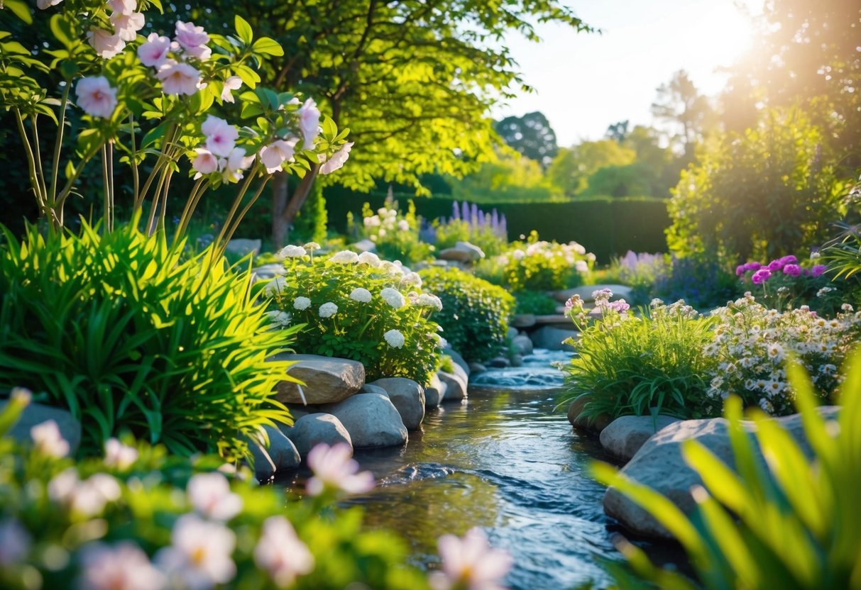 Ein ruhiger Garten mit blühenden Blumen und üppigem Grün, umgeben von einem ruhigen, fließenden Bach und sanftem Sonnenlicht