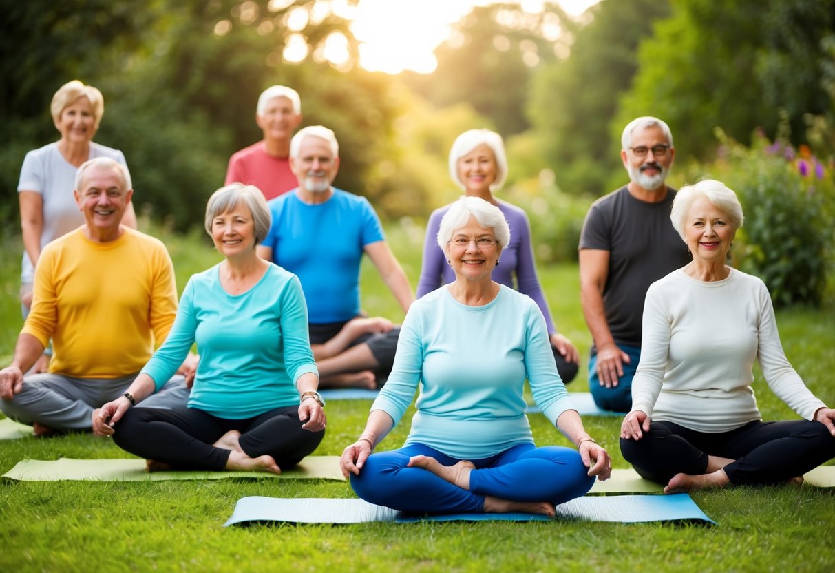 Eine Gruppe vielfältiger, aktiver Senioren betreibt Outdoor-Aktivitäten wie Yoga, Wandern und Gartenarbeit, um das Altern zu fördern und altersbedingten Krankheiten vorzubeugen