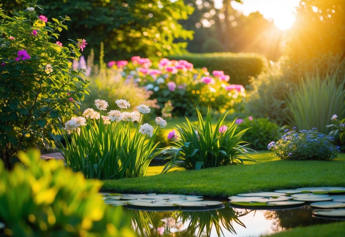 Ein ruhiger Garten mit blühenden Blumen und einem friedlichen Teich, umgeben von üppigem Grün und in warmes Sonnenlicht getaucht