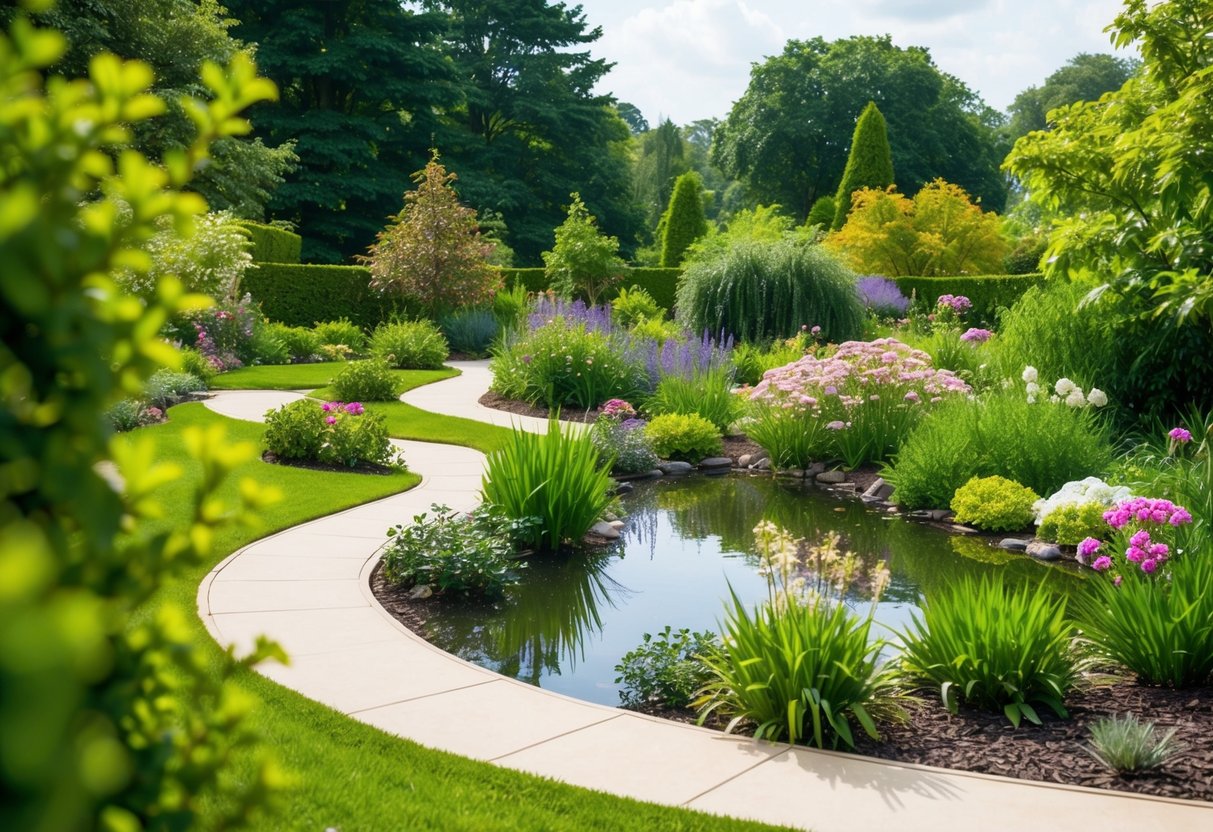 Ein ruhiger Garten mit einem gewundenen Weg, blühenden Blumen und einem friedlichen Teich, umgeben von üppigem Grün, der eine ruhige und harmonische Atmosphäre für ein erfolgreiches Altern schafft