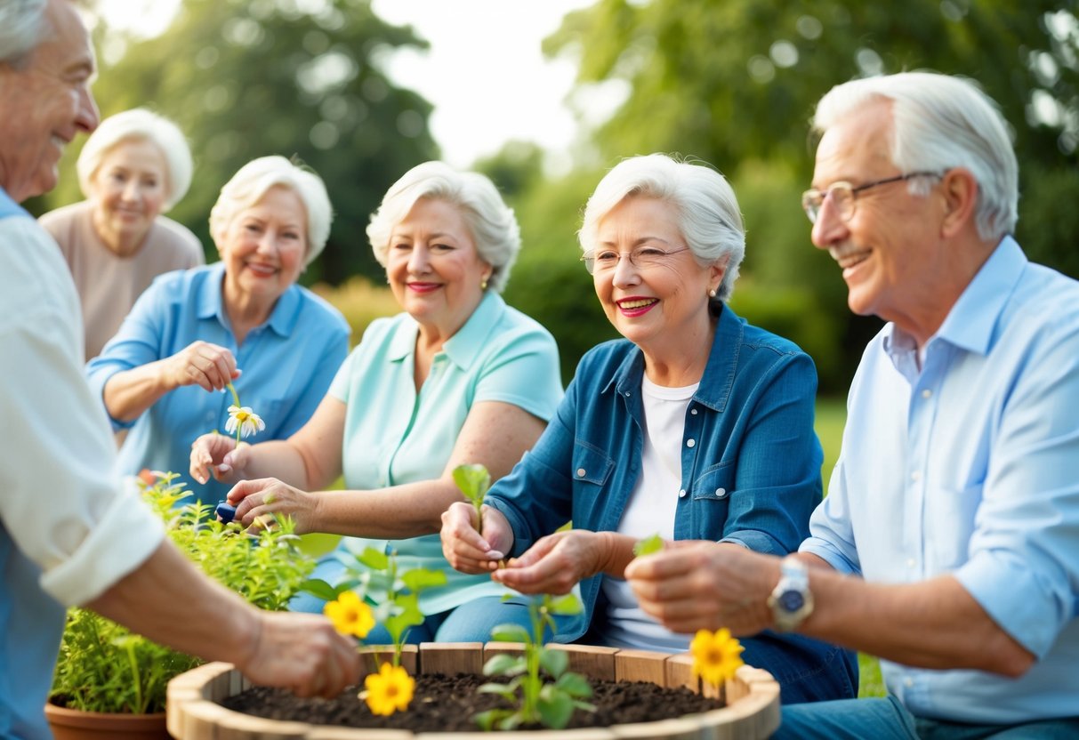 Eine Gruppe älterer Menschen betreibt Outdoor-Aktivitäten wie Gartenarbeit oder Spiele und genießt dabei die Gesellschaft der anderen