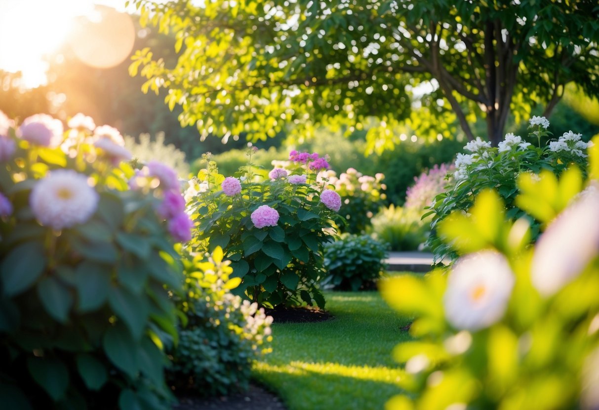 Ein ruhiger, sonnendurchfluteter Garten mit blühenden Blumen und üppigem Grün, umgeben von einer friedlichen und erholsamen Atmosphäre