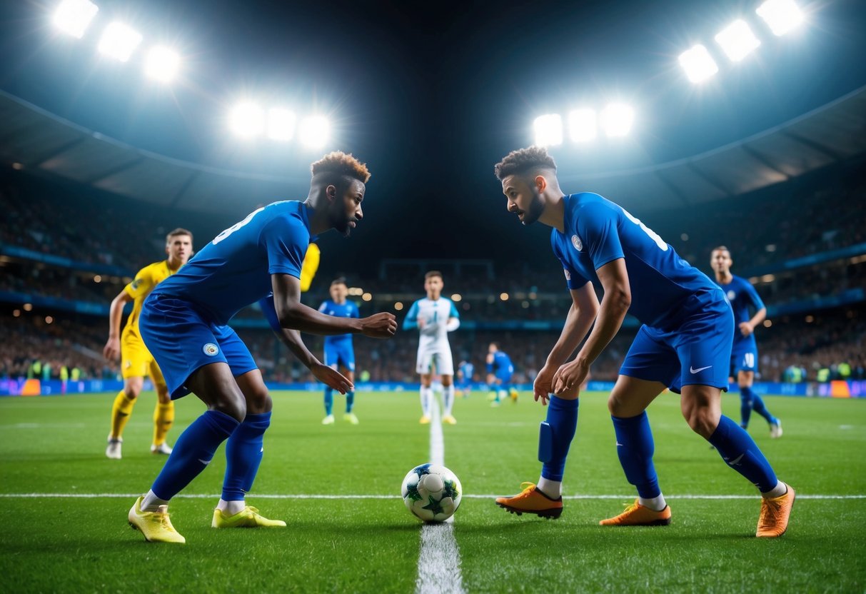 Two teams facing off on a soccer field, with a crowd cheering in the background. Bright stadium lights illuminate the scene as the players strategize and compete