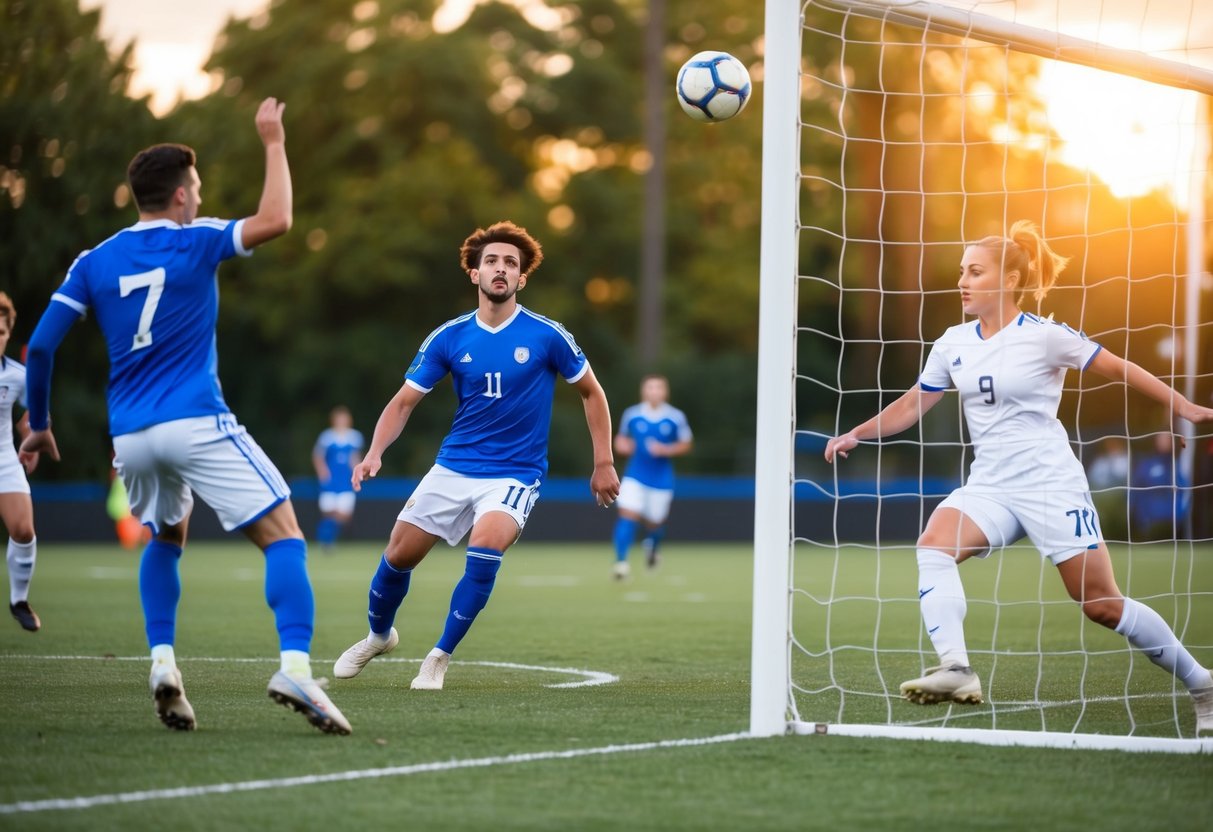 A soccer ball soaring into the net, while two teams compete on the field with intense focus and strategy