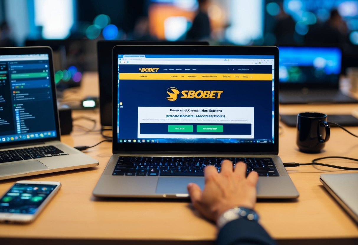 A laptop open to a webpage with the SBOBET logo, surrounded by various electronic devices and a stable internet connection