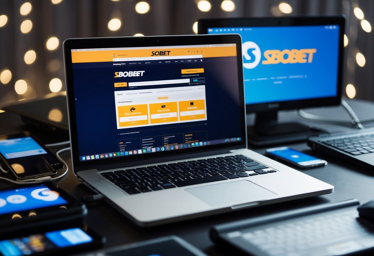 A laptop with the SBOBET website open, surrounded by various electronic devices and a stable internet connection