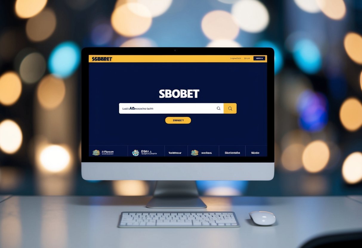 A computer screen displaying the SBOBET website with a search bar open, showing the user searching for the latest alternative link to access the site without any obstacles