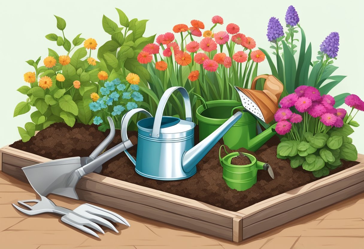 A garden bed with various organic gardening supplies such as compost, mulch, seeds, and tools. A watering can and a pair of gardening gloves are also present