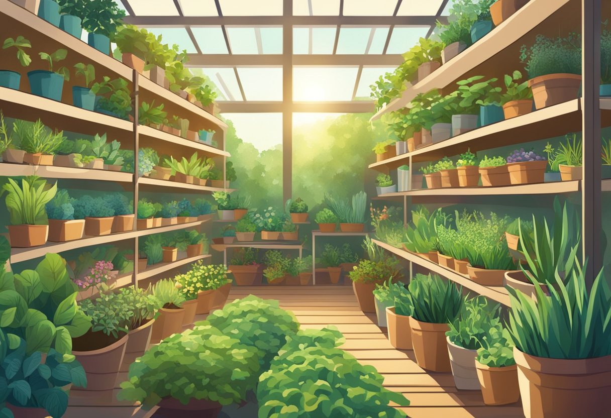 A lush garden with rows of thriving plants, surrounded by shelves stocked with organic gardening supplies. Sunshine filters through the leaves, casting a warm glow over the scene