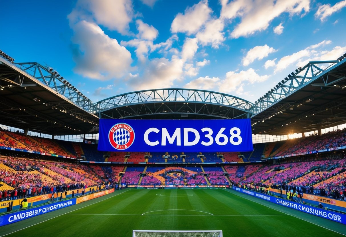 A vibrant sports stadium with a soccer field, surrounded by cheering fans and colorful banners, with the CMD368 logo prominently displayed