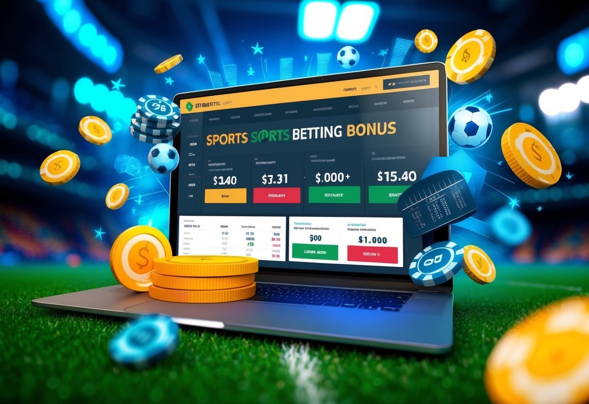 A vibrant sports betting platform with dynamic odds and exciting bonuses, portrayed through a visually appealing and energetic illustration