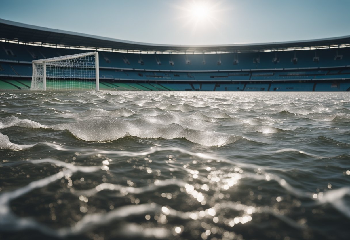 A soccer stadium flooded due to rising sea levels, impacting sports betting