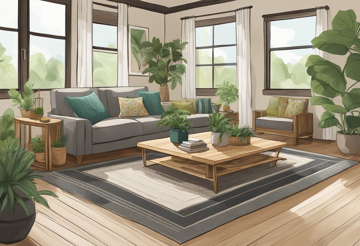 A cozy living room with potted plants, a bamboo rug, and a reclaimed wood coffee table. The walls are adorned with nature-inspired art and the windows are dressed with organic cotton curtains