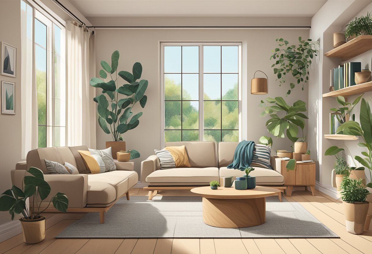 A cozy living room with eco-friendly furniture, natural lighting, and potted plants. Recycled materials and sustainable textiles are used for cushions and throws