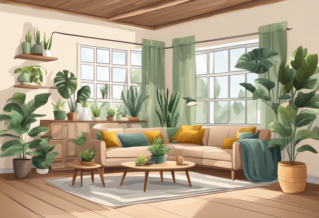 A cozy living room with natural materials and potted plants, surrounded by eco-friendly furniture and sustainable decor items