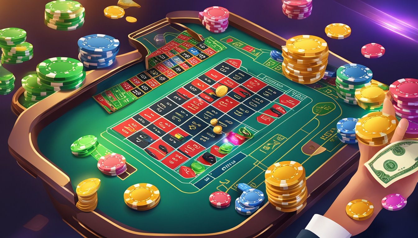 A colorful and vibrant online casino scene with various casino games, chips, and money being won and exchanged