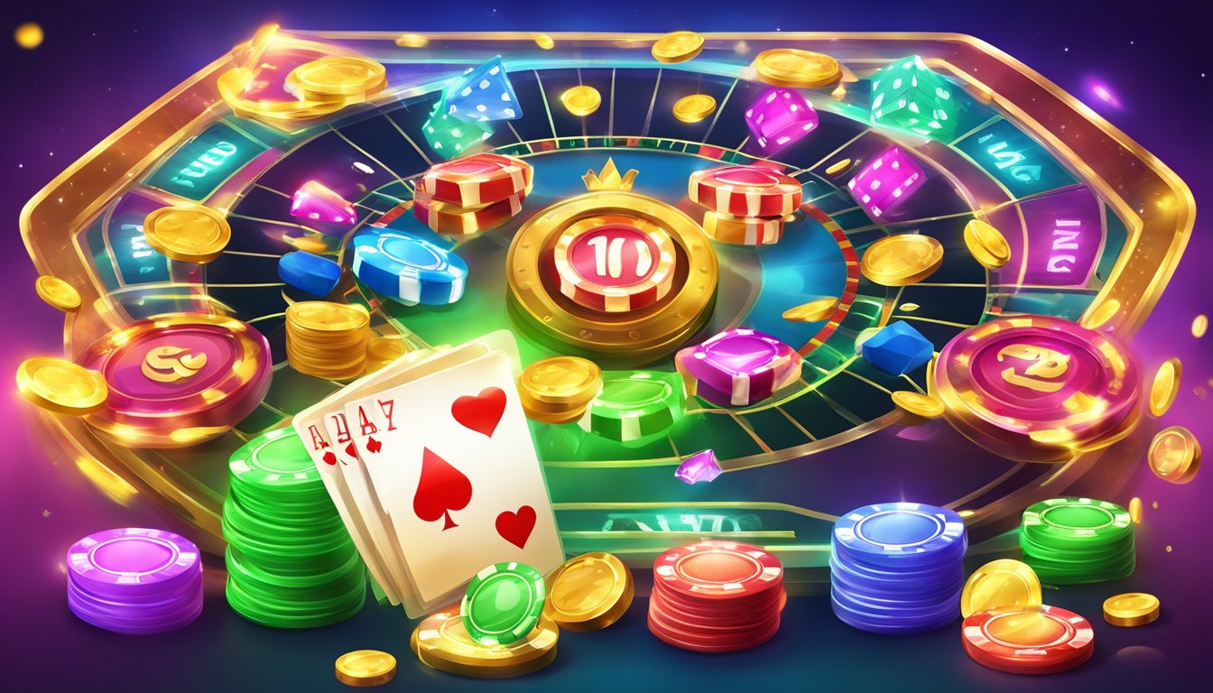 A colorful and vibrant online casino game interface with various game options and money symbols to depict the excitement of online gambling and money-making