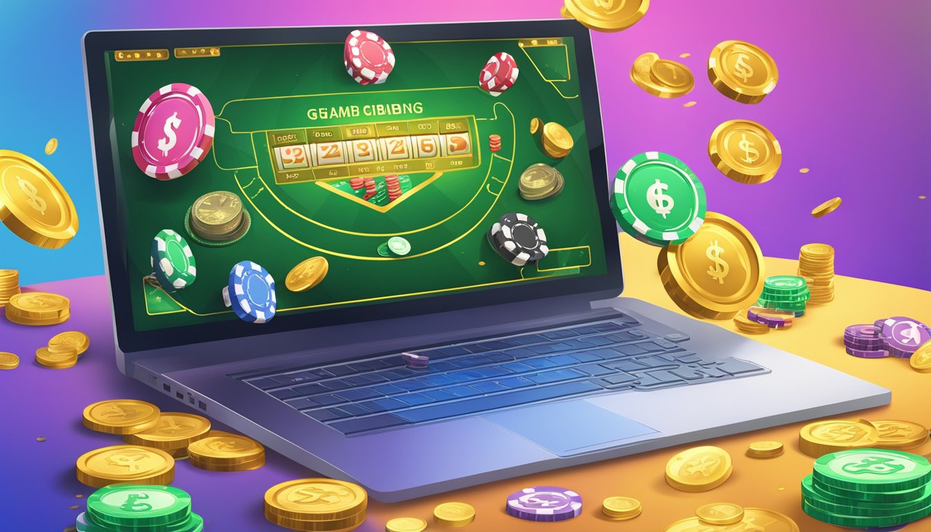 A computer screen displaying various online gambling rewards and bonuses. Money symbols and coins scattered around