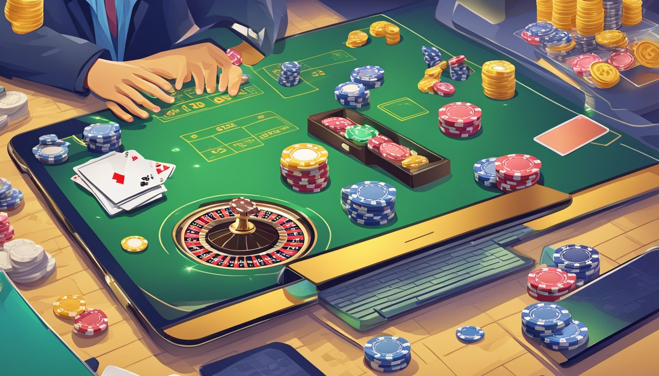 A bustling online casino with modern features and money pouring in from online gambling