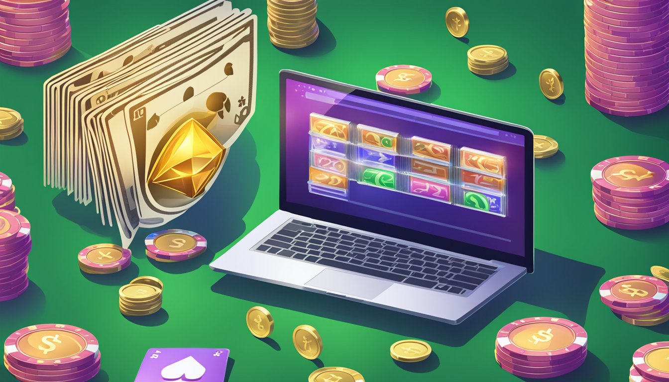 A computer screen displaying online gambling symbols and a pile of money