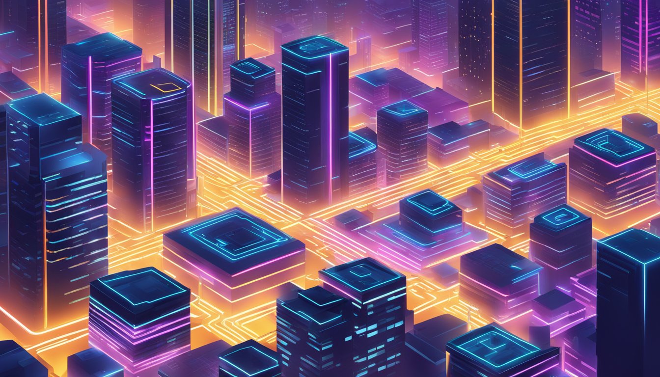 A bustling cityscape with futuristic buildings and neon lights, all interconnected by a network of glowing blockchain pathways